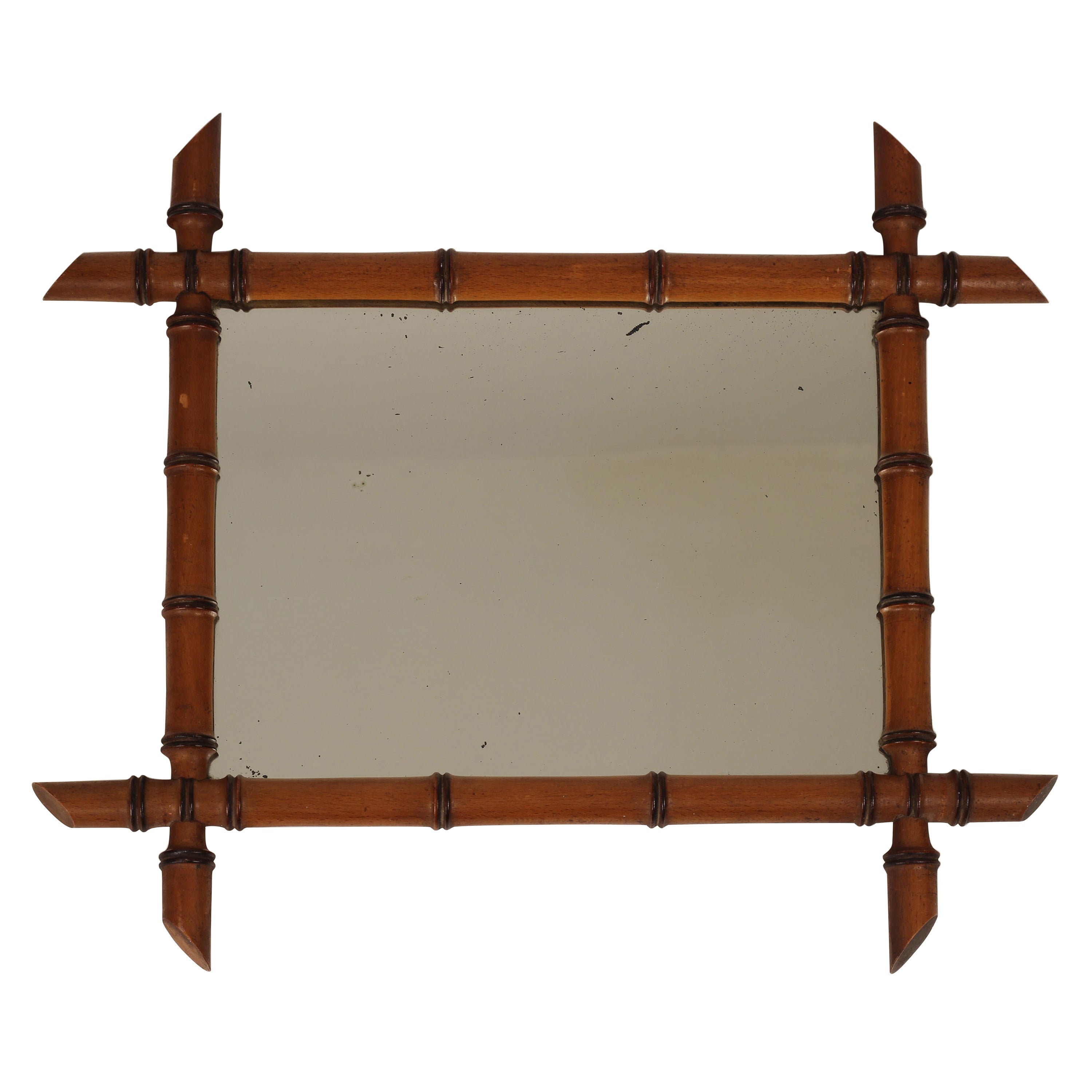 Boho Chic Style Faux Bamboo Walnut Framed Mirror Made in France in mid 1800’s For Sale