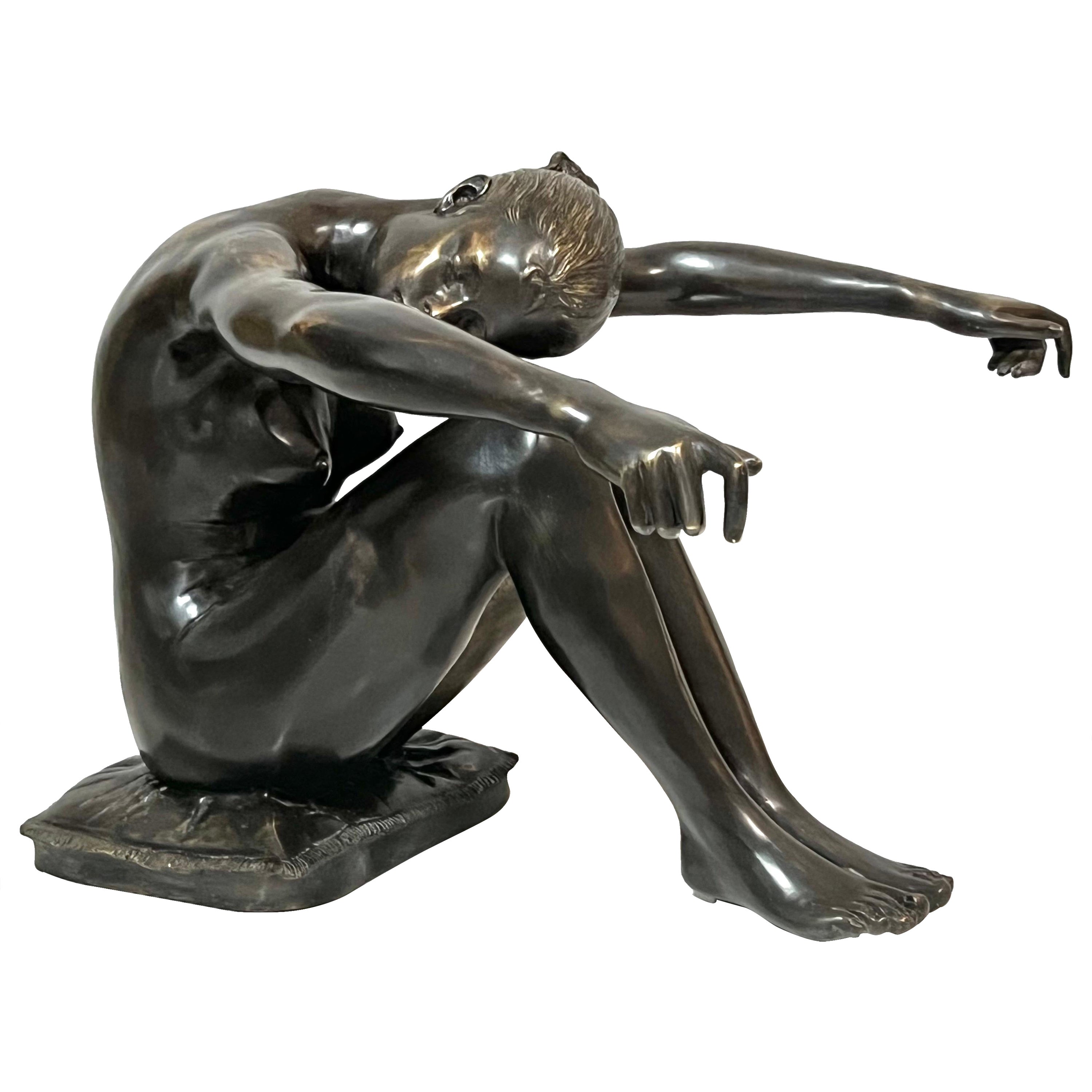 Bronze Coffee Table of Nude Sculpture Holding Glass Top