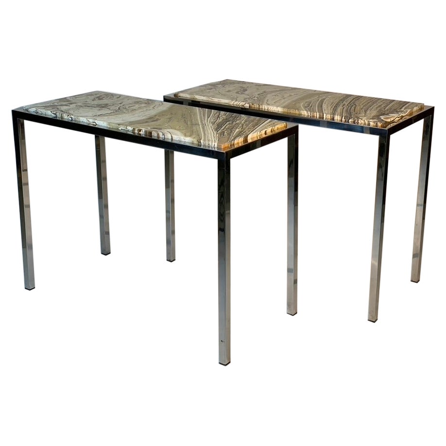 Mid-Century Modern Italian Pair of Onix Stone Tops and Chrome Metal Structures