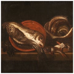 17th Century Oil on Canvas Italian Antique Still Life Painting with Fish, 1670