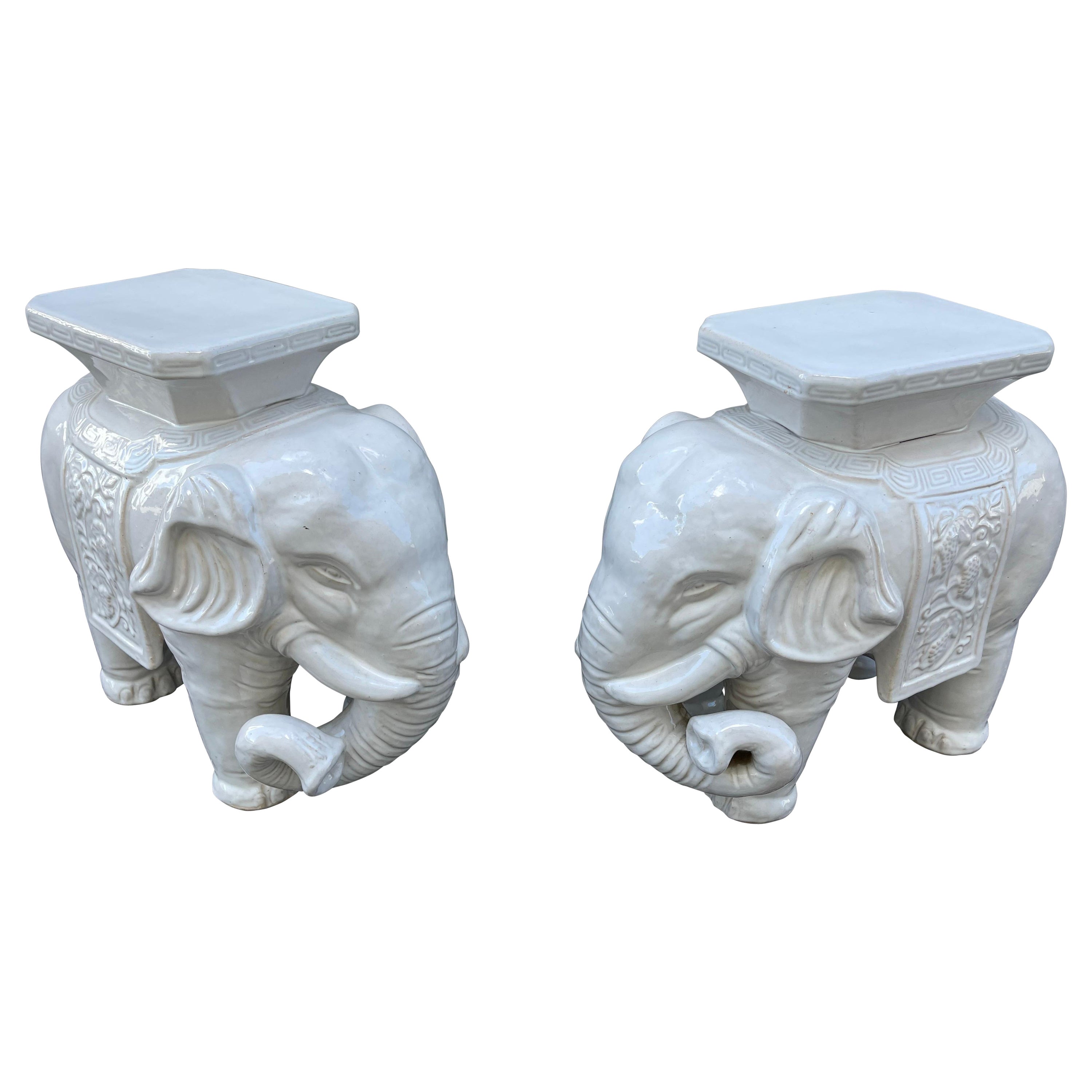 Pair of White Glazed Terra Cotta Elephant Garden Seats For Sale