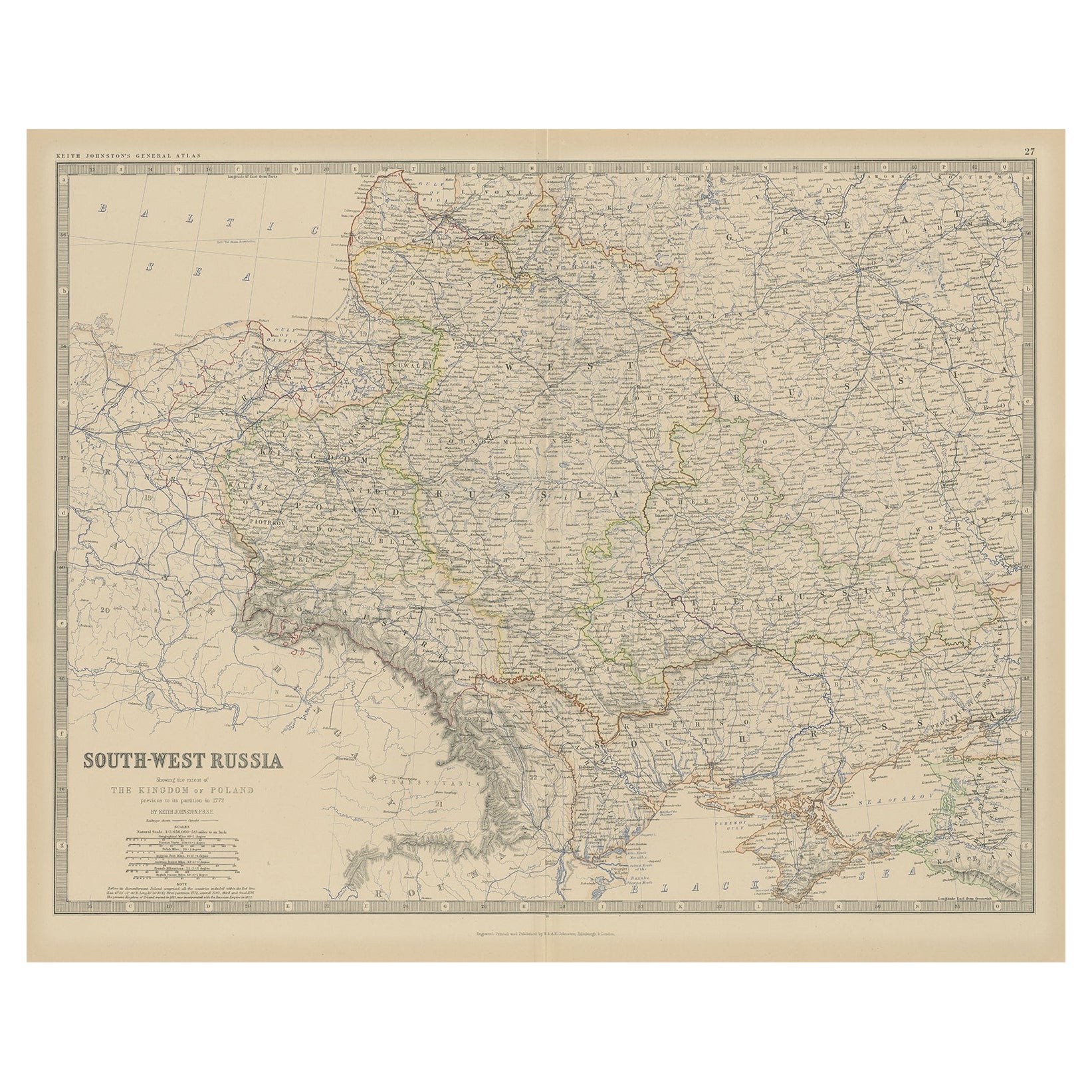 Old Map of Southern Russia, Incl the Extent of the Kingdom of Poland, 1882 For Sale