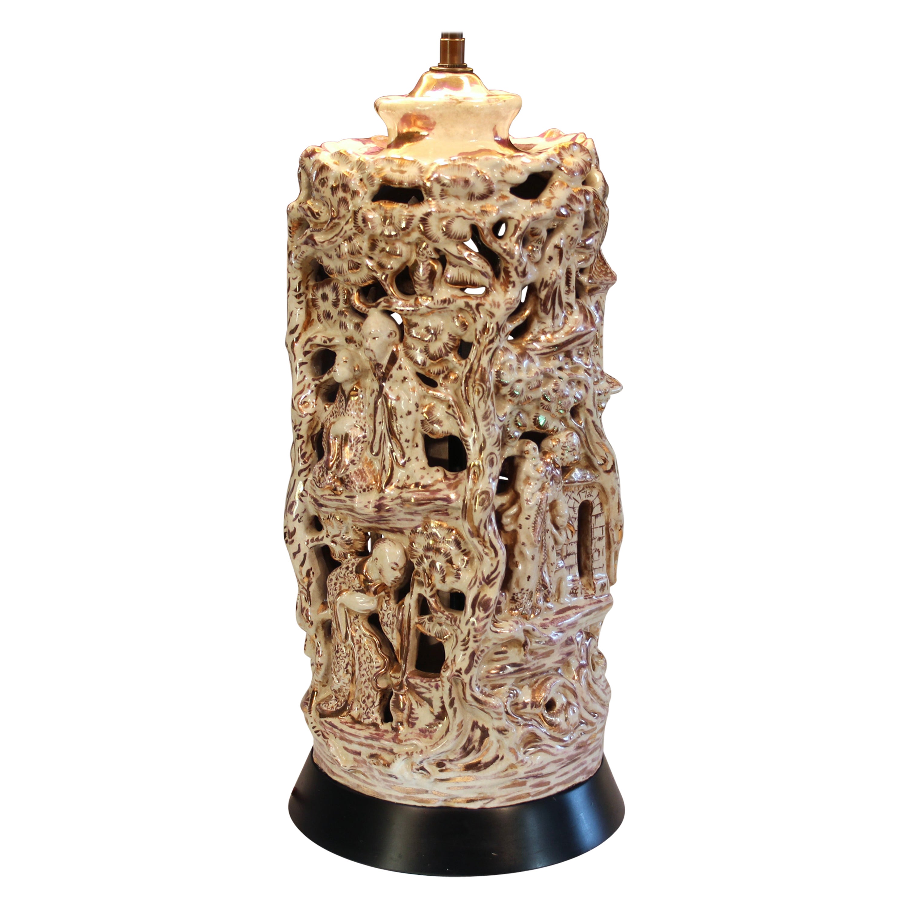 Lampe MCM en poterie d'atelier italienne Chinoiserie des années 1950 lustre sculpté vintage en vente