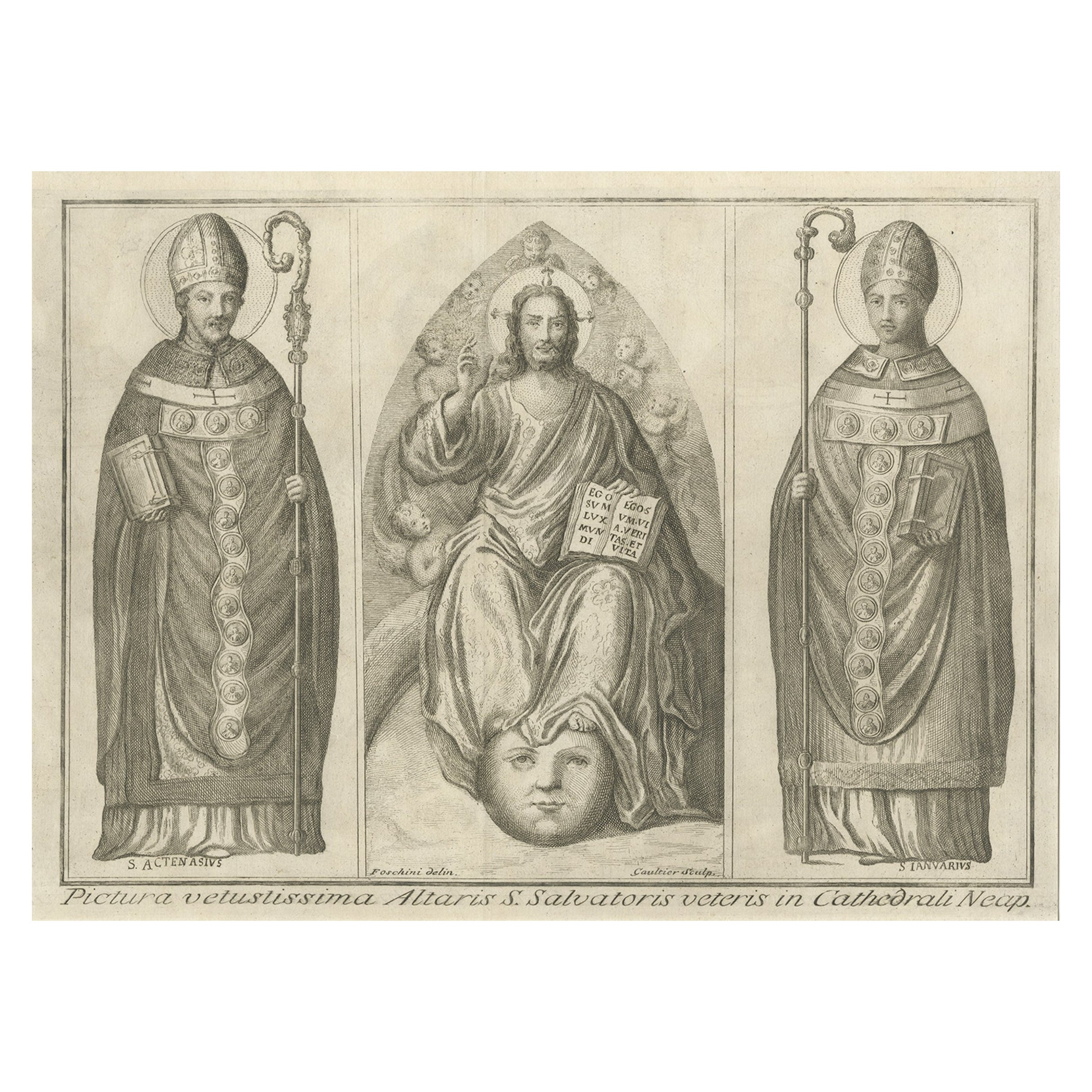 Rare estampe religieuse du dieu le Père avec S. Actenasius et S. Ianuarius, vers 1750