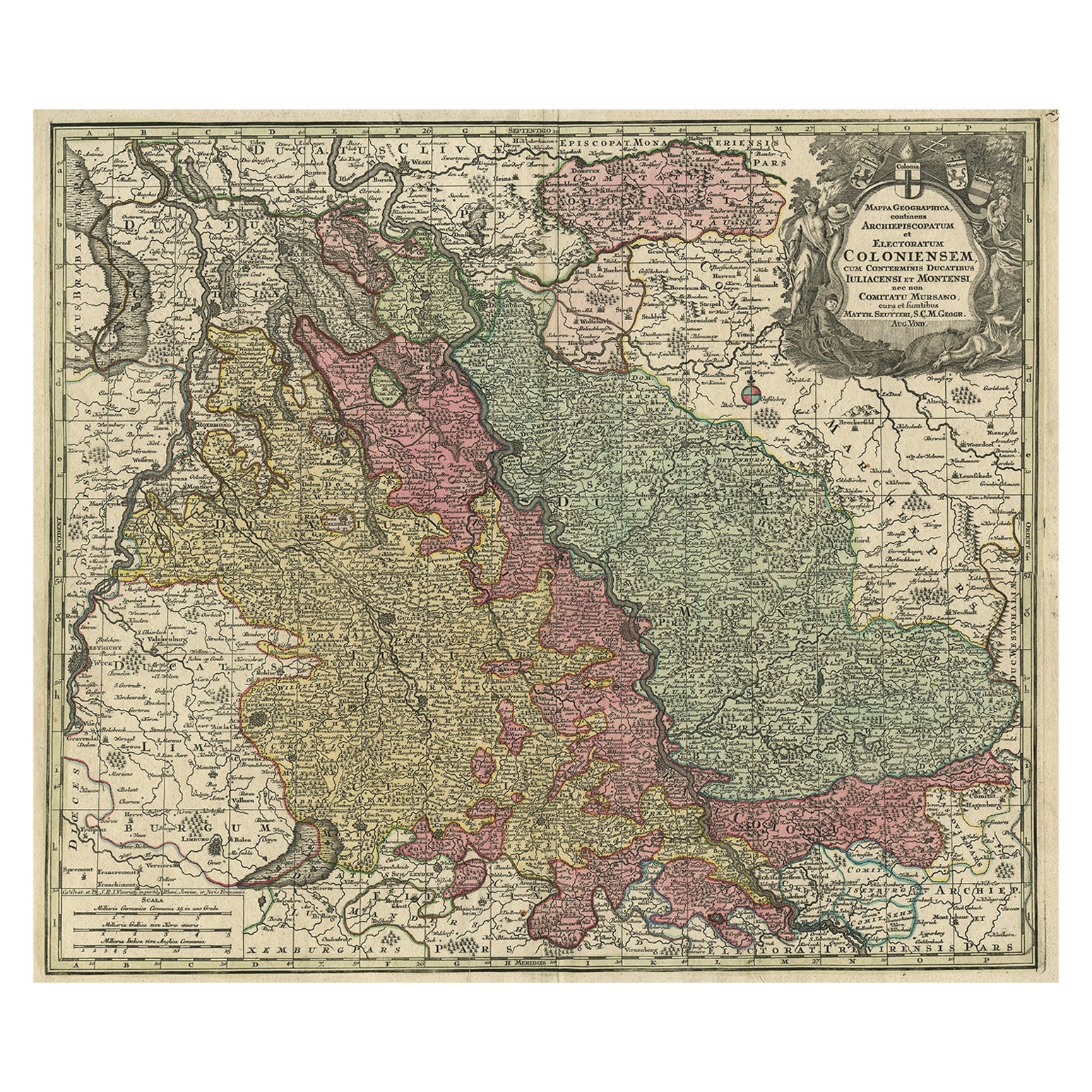 Old Map of the Rhine & German Cities Incl Düsseldorf, Bonn, Köln, Etc., c.1730