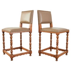 Pair of Country English Style Oak Leather Barstools