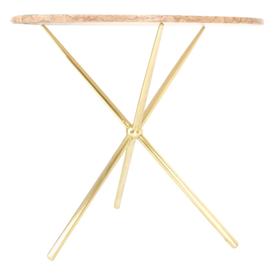 Machined Brass Tripod Base Rouge Round Marble Top Center Side Occasional Table For Sale