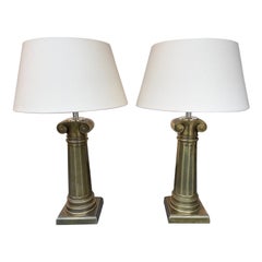 Pair of Brass Lamps Neo Classical Column, France, 1980s