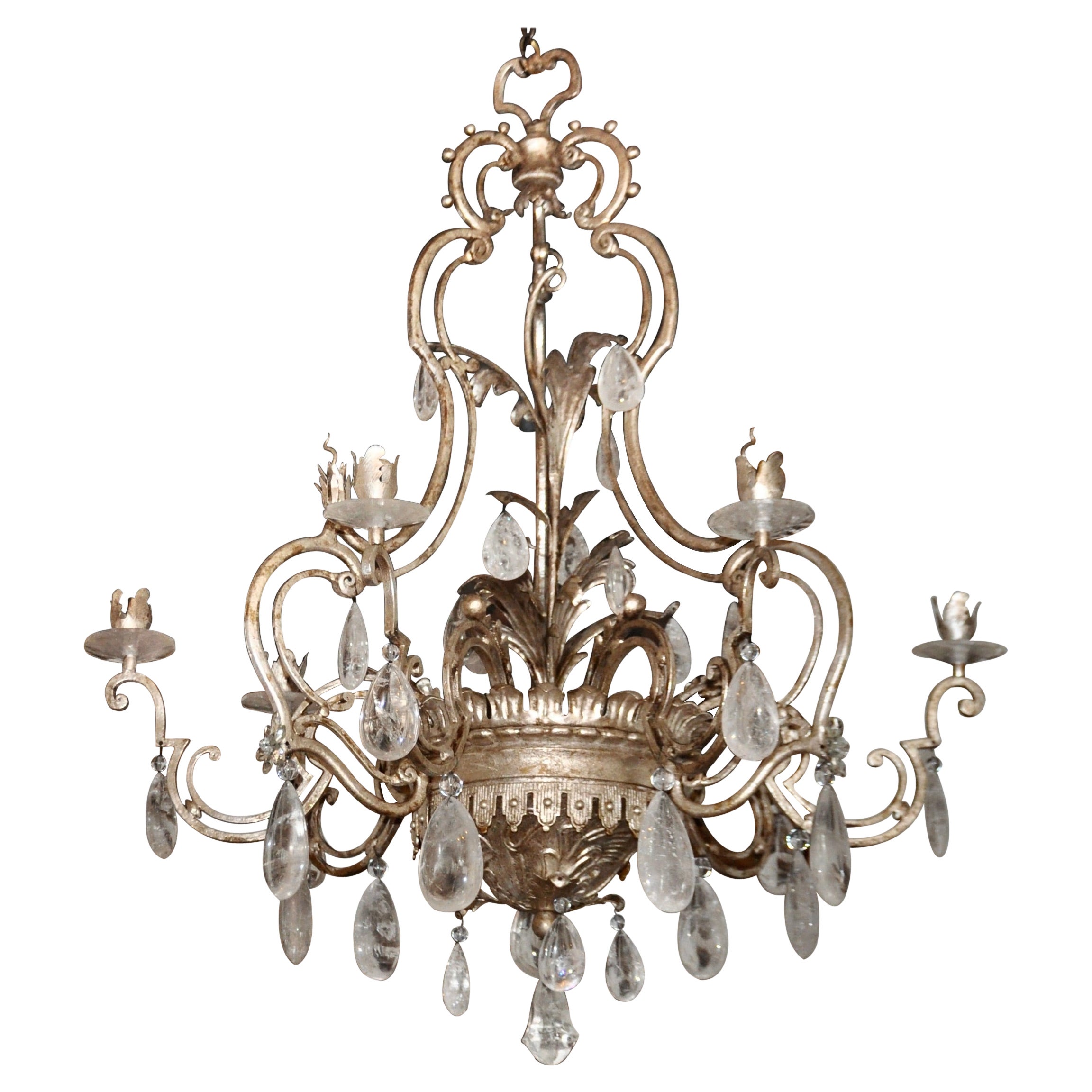 Mid-Century French Bagues Style Silver Iron Rock Crystal Chandelier For Sale