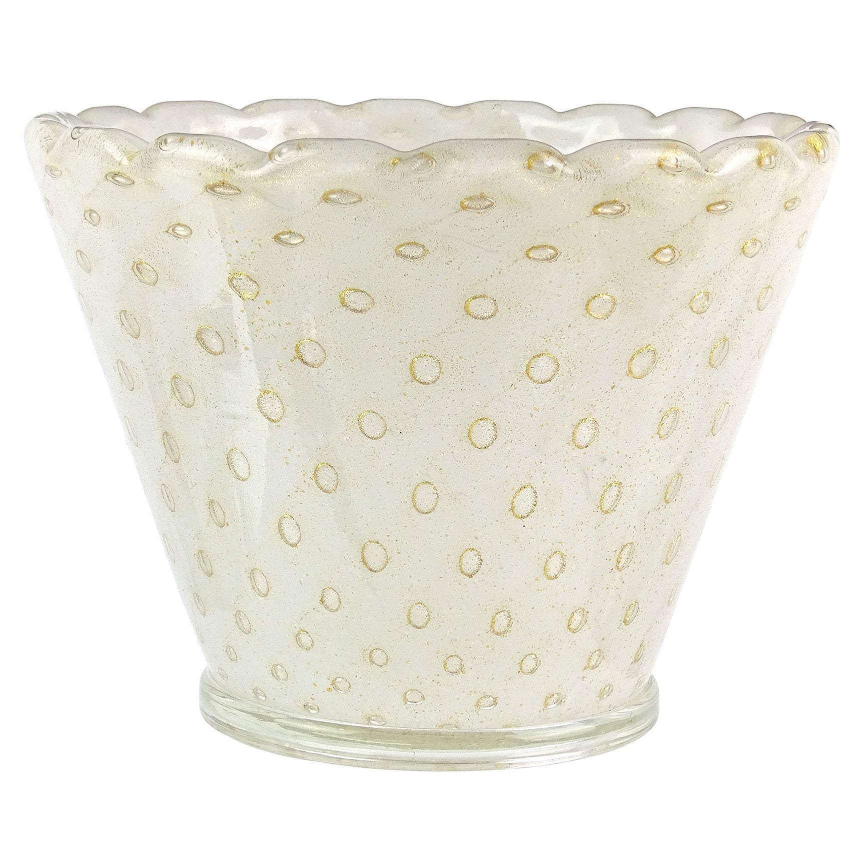 Murano White Bubbles Pulegoso Gold Flecks Italian Art Glass Flower Pot Vase For Sale