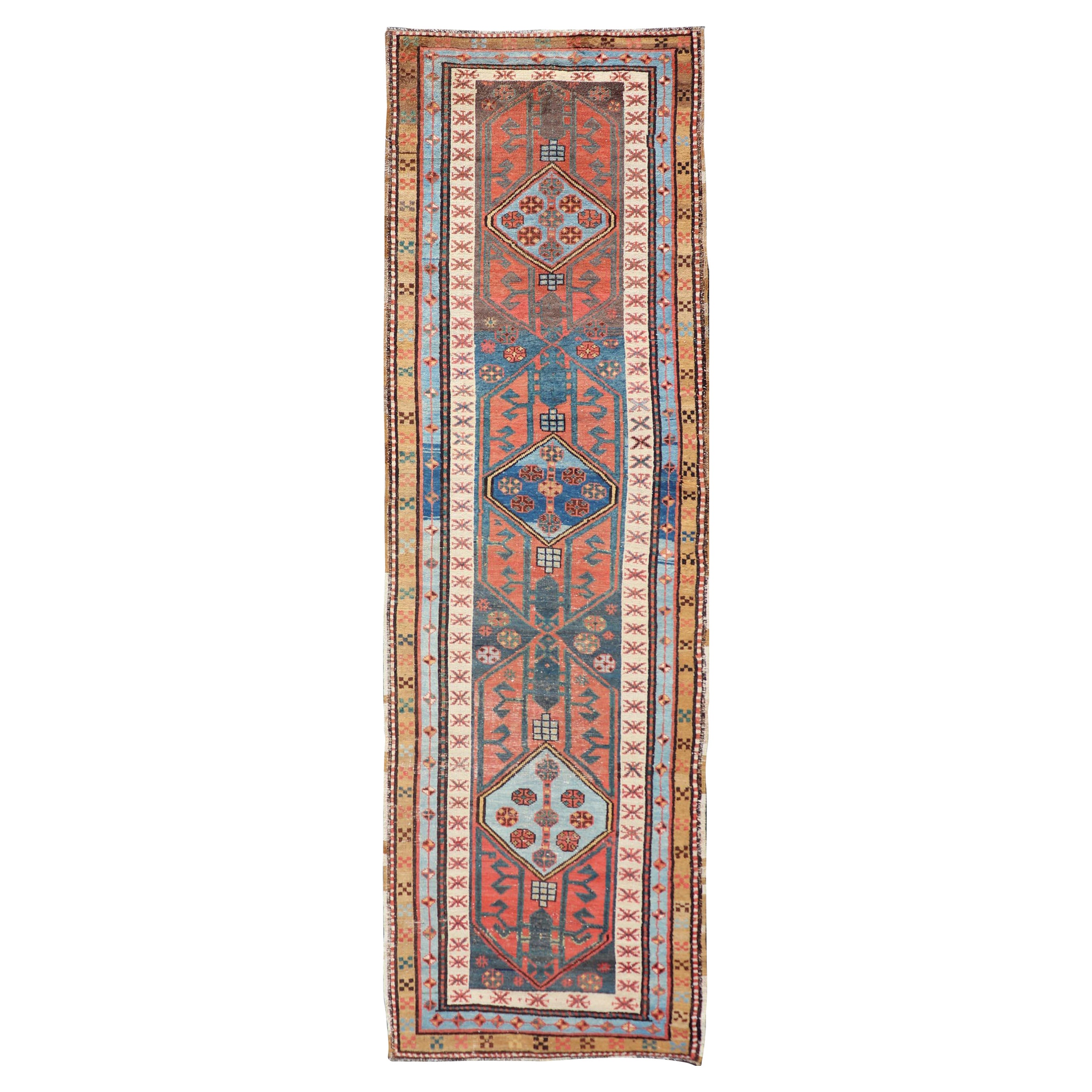 Antigua alfombra persa Heriz-Serapi de colores con un atrevido diseño geométrico