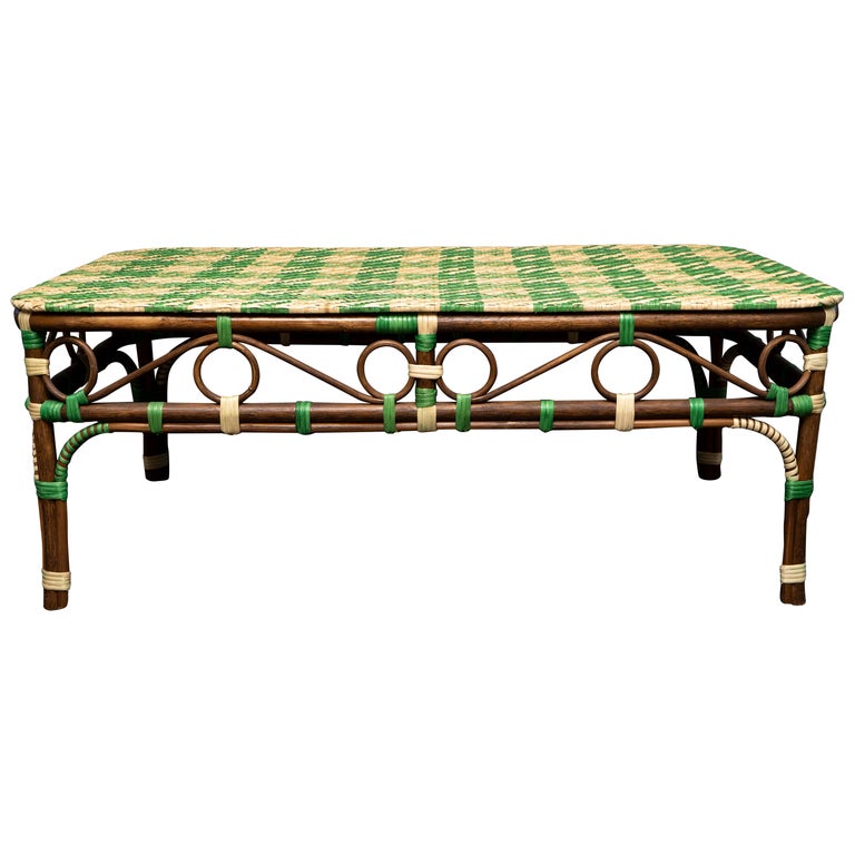 Creel and Gow Green and Cream Rattan Coffee Table with Hounds Tooth Top Design