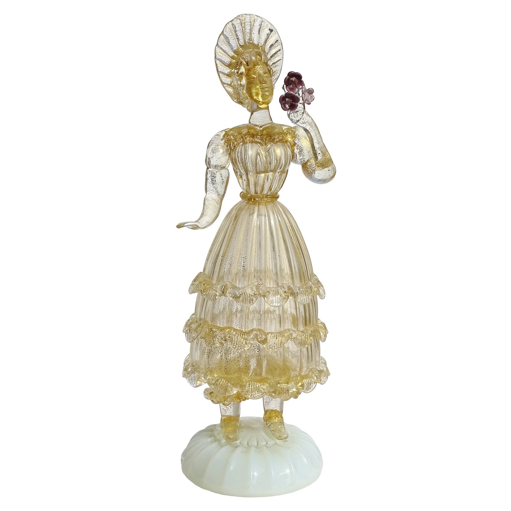 Murano Gold Leaf Queen Figure Holding Flowers Italian Art Glass Woman Sculpture For Sale