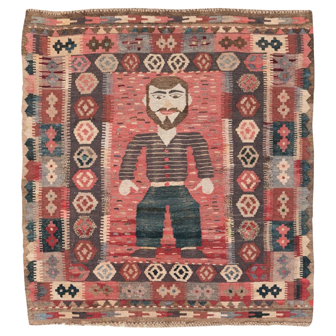Handgefertigter türkischer flachgewebter quadratischer Kelim-Teppich mit Bildmotiv, Mitte des 20. Jahrhunderts