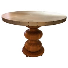 Stunning Custom Round Zinc Top Dining Table with Oak Turned Pedestal Base