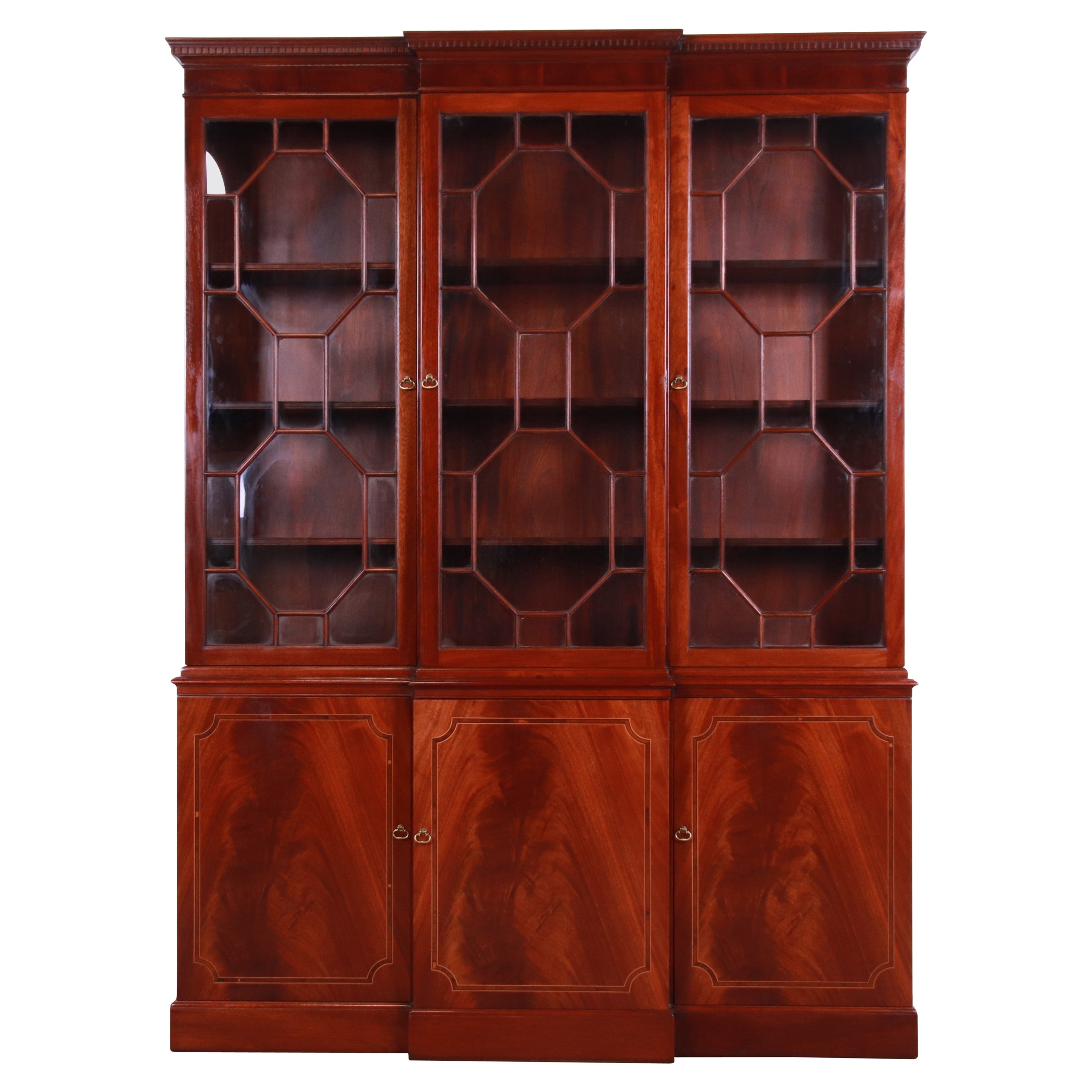 Baker Furniture Georgian Flame Mahogany Breakfront Bookcase Cabinet