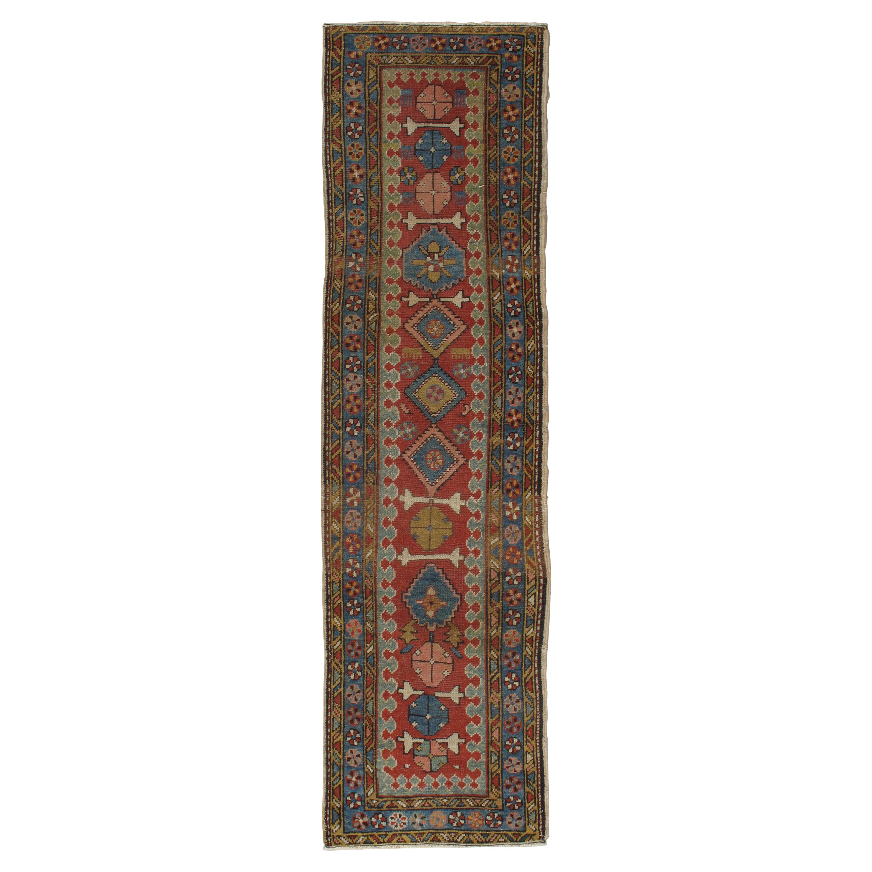Antique Persian Heriz Runner, Handmade Wool Rug, Rust, Light Blue Green For Sale