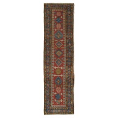 Antique Persian Heriz Runner, Handmade Wool Rug, Rust, Light Blue Green