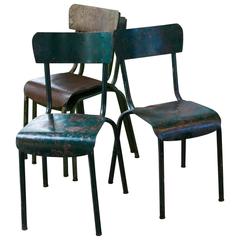 Set of Four Painted Green Metal Industrial Side Chairs from France, circa 1940 11