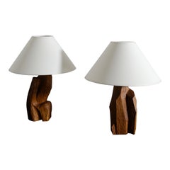 Pair of French Brutalist Mid Century Wooden Table Lamps Produced in France 1960s