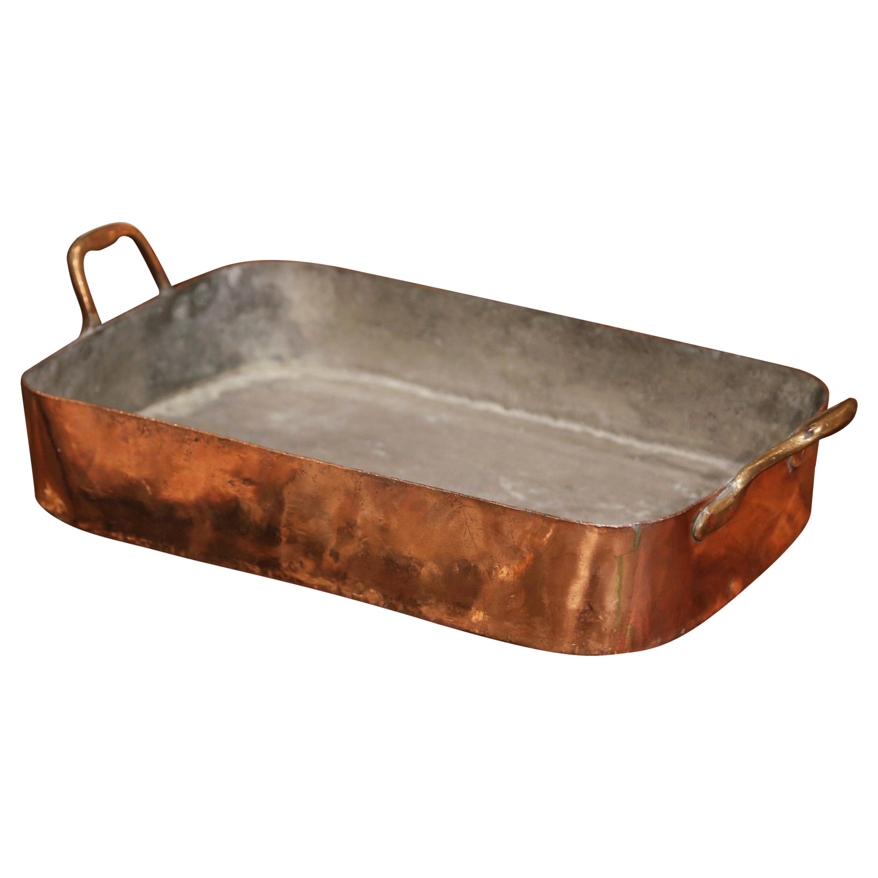 Mid-19th Century French Copper Kitchen Food Dish with Brass Handles