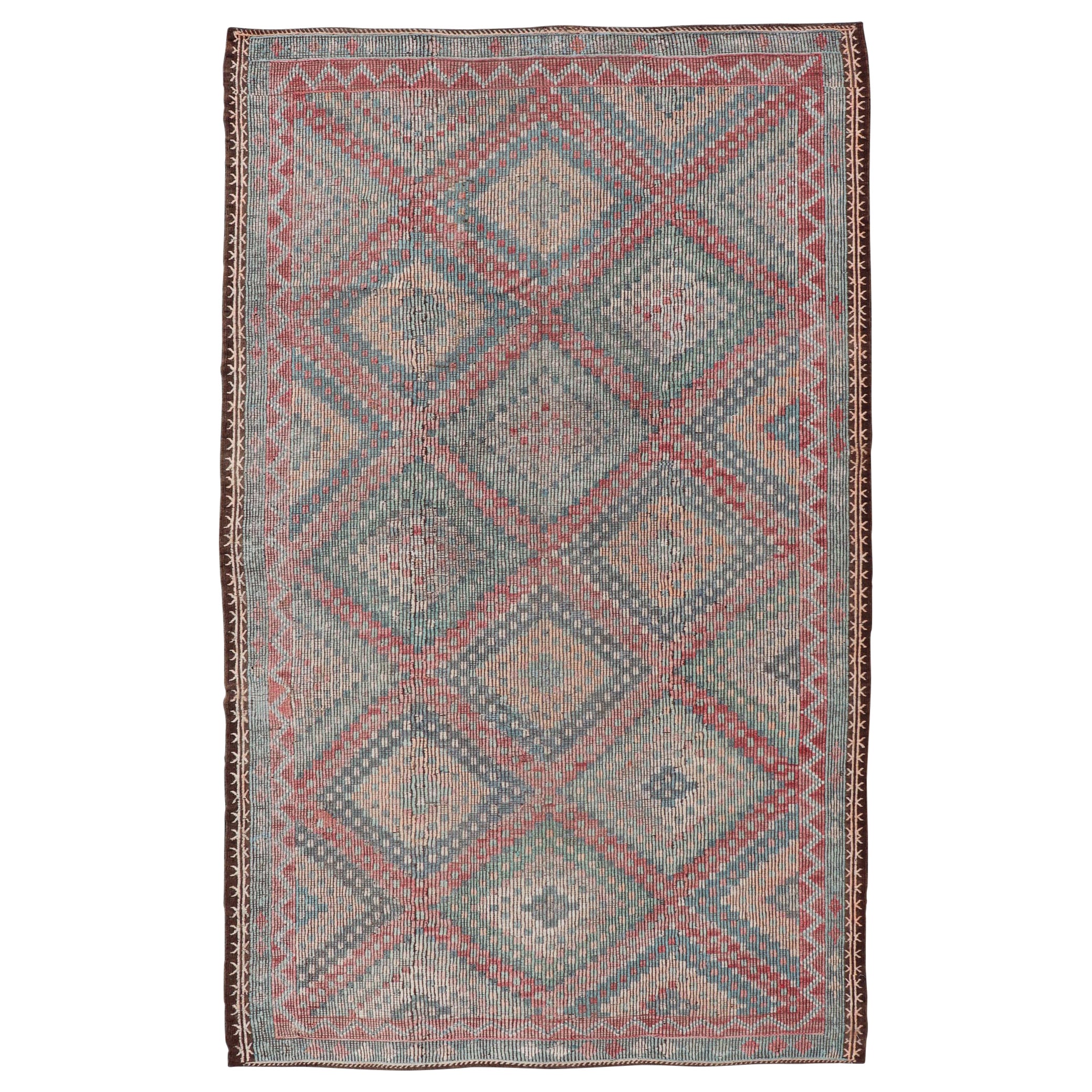 Muted Turkish Vintage Embroidered Kilim Rug with Multi Layered Diamond For Sale