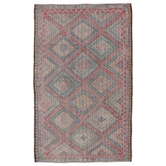 Muted Turkish Vintage Embroidered Kilim Rug with Multi Layered Diamond