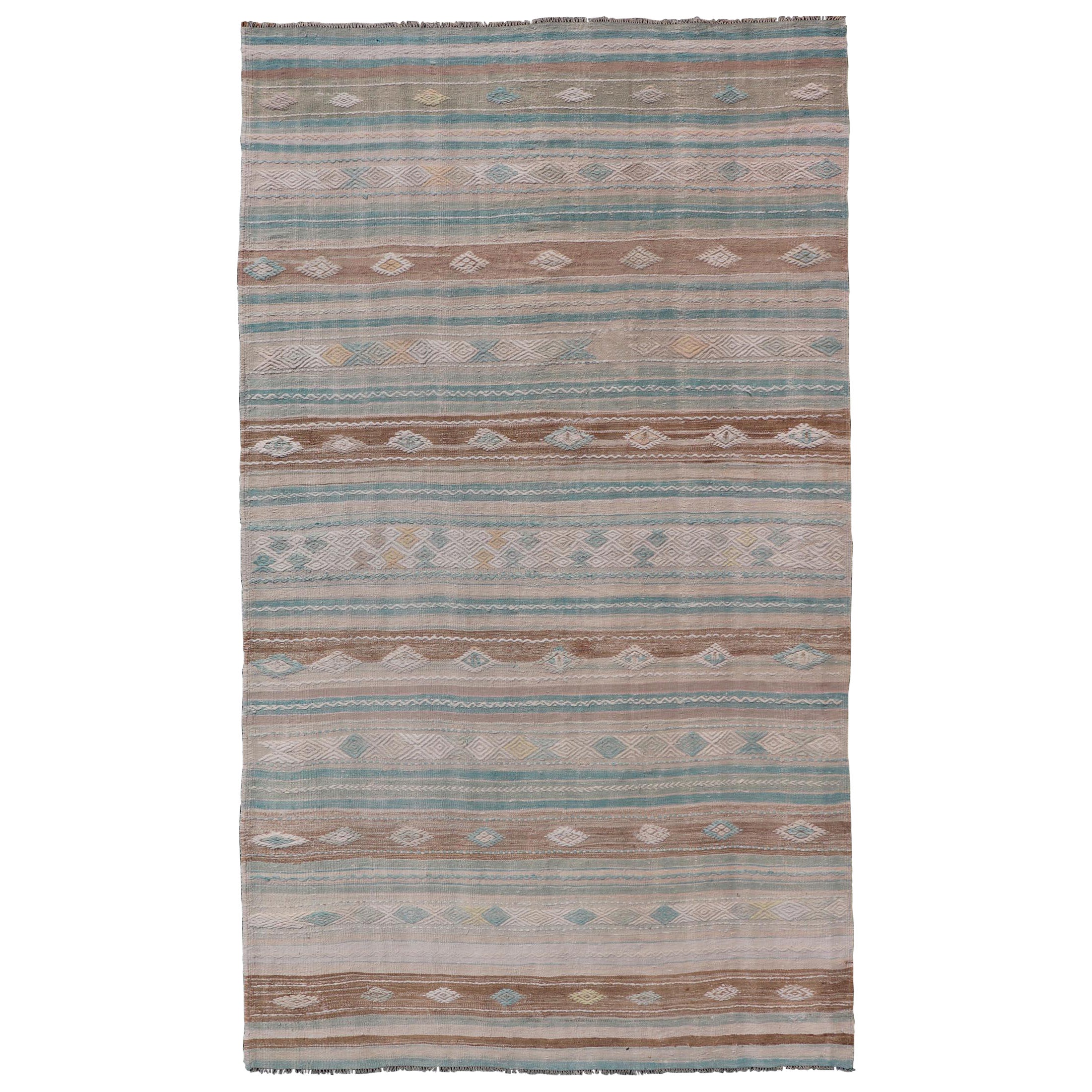 Striped Turkish Hand Woven Flat-Weave Kilim in Muted Colors and Tribal Motifs For Sale