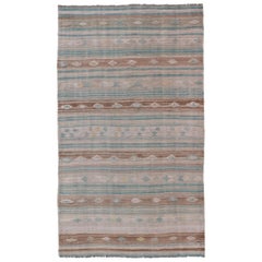 Striped Turkish Hand Woven Flat-Weave Kilim in Muted Colors and Tribal Motifs