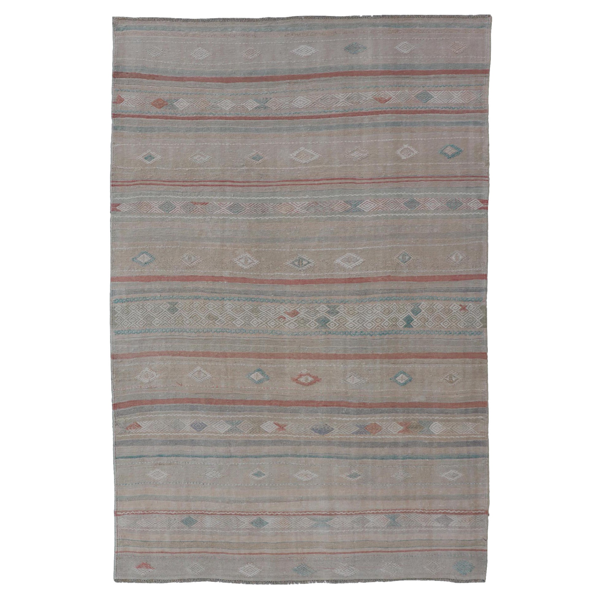 Turkish Flat-Weave Embroideries Kilim in Taupe, Green, Teal, Cream, and Brown