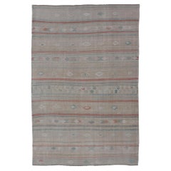 Tapis Kilim turc à broderies à tissage plat en taupe, vert, sarcelle, crème et brun