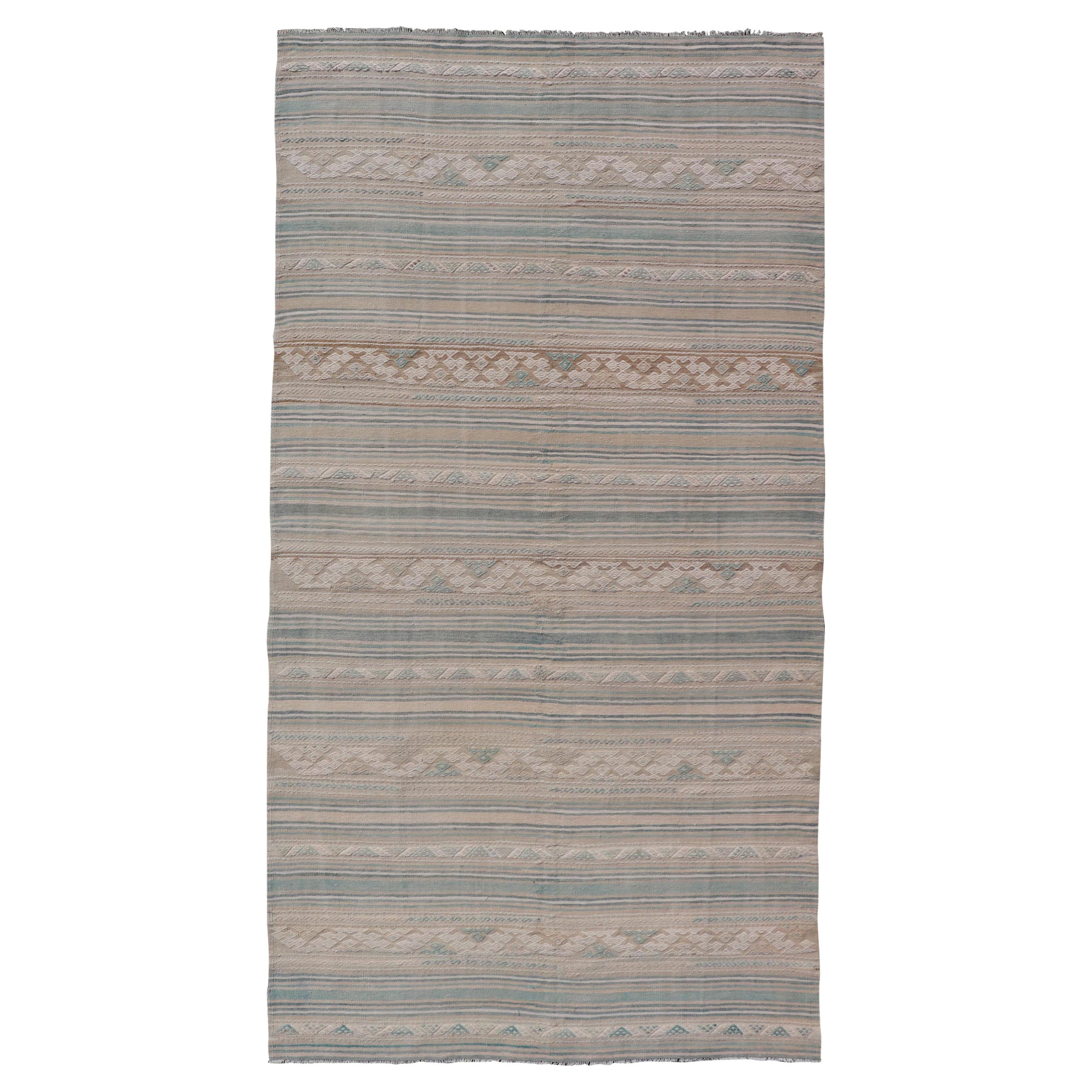 Turkish Gallery Flat-Weave Kilim in Muted Colors with Stripes and Embroideries