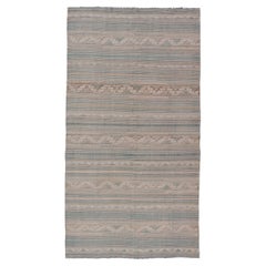 Turkish Gallery Flat-Weave Kilim in Muted Colors with Stripes and Embroideries