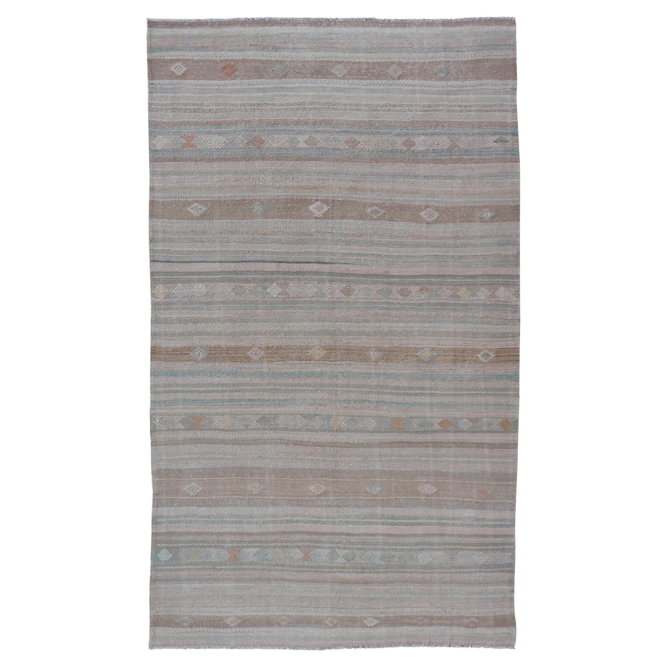 Turkish Flat-Weave Kilim with Embroideries in Taupe, Tan, Light Green, and Grey