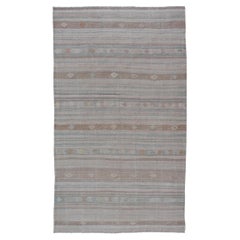 Vintage Turkish Flat-Weave Kilim with Embroideries in Taupe, Tan, Light Green, and Grey