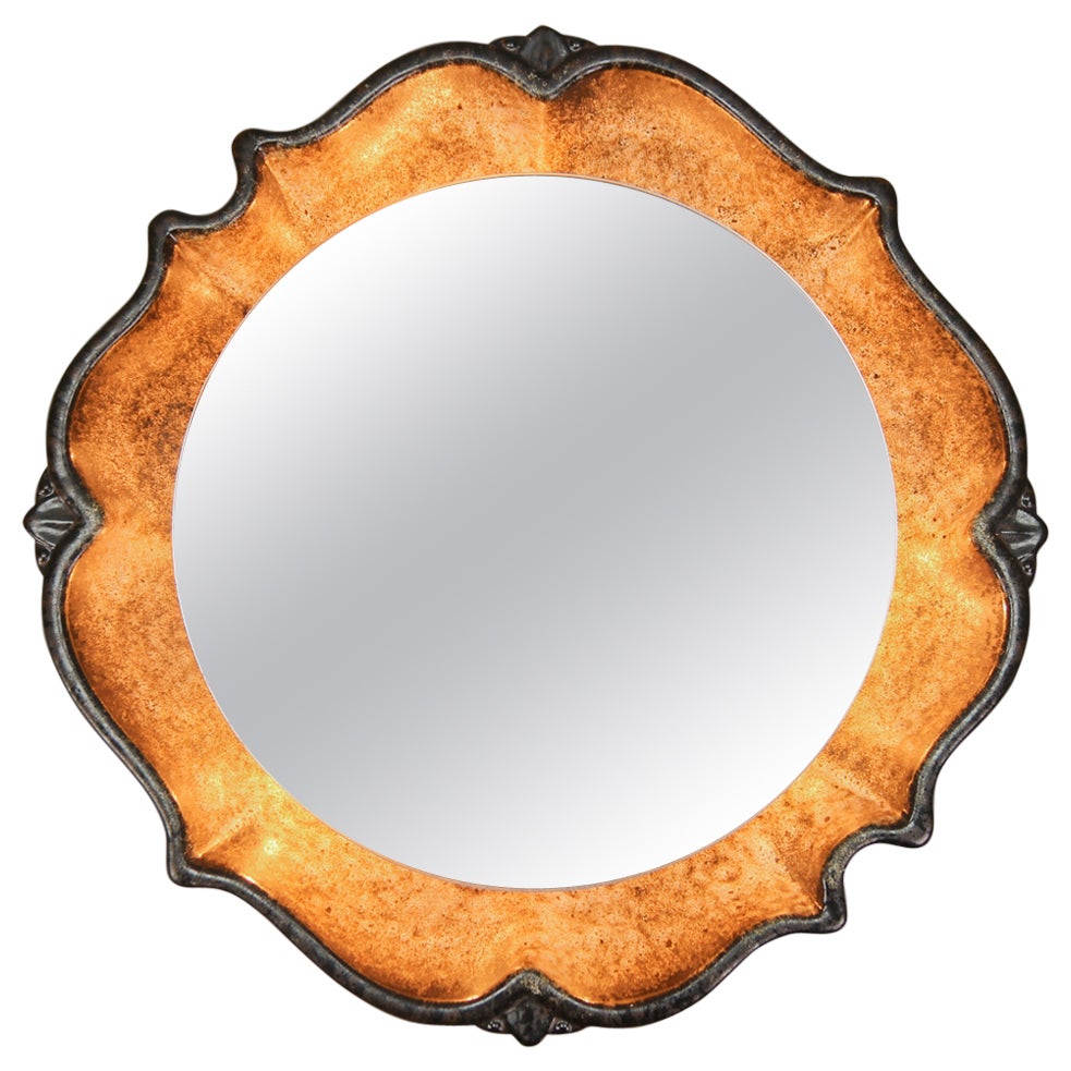 Mid-Century Round Backlit Brown Ceramic Wall Mirror, Germany, 1970s