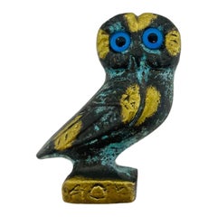 Miniature Solid Brass Greek Owl of Athena with Glass Eyes Sculpture