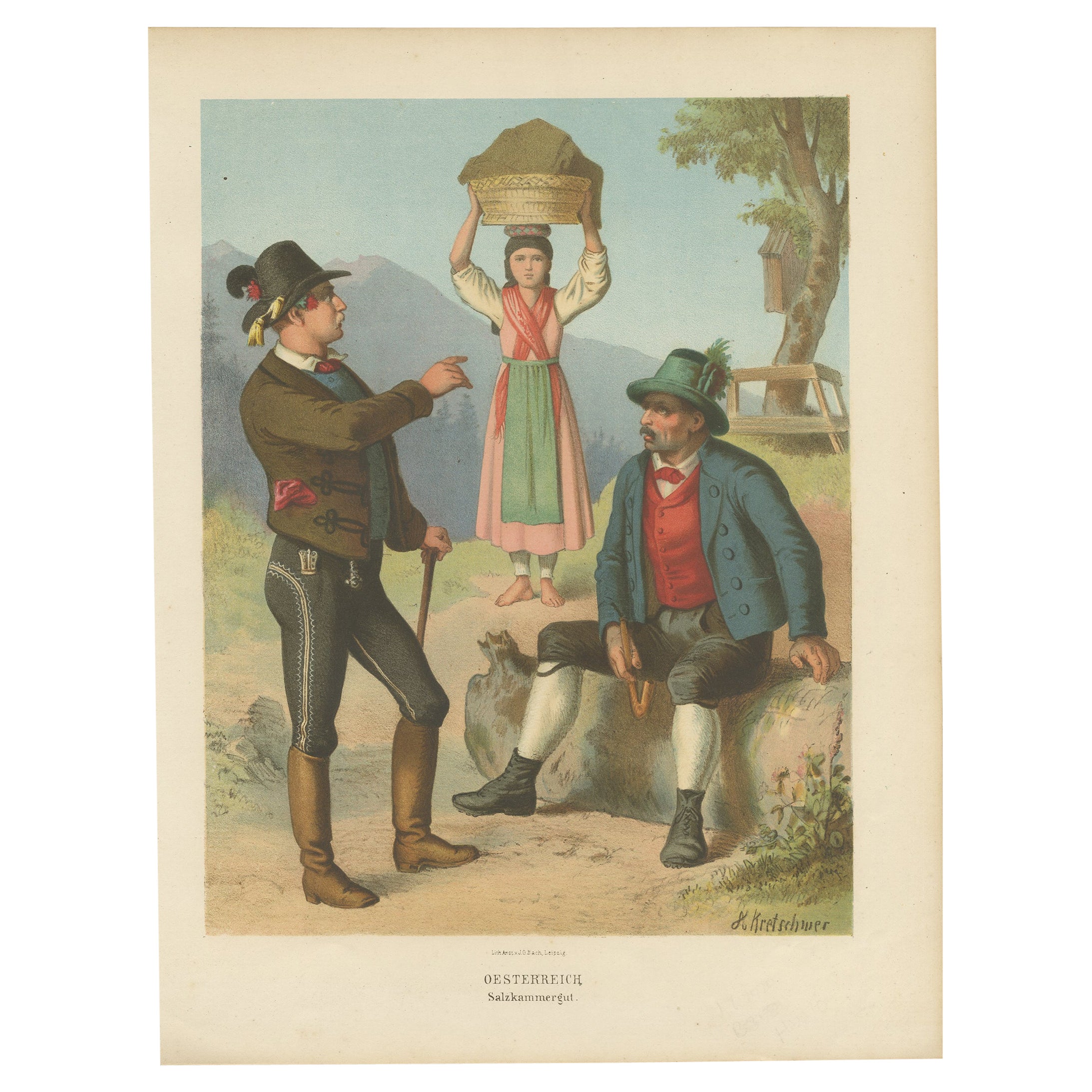 Old Print Showing the Costumes of Austria, Region Salzkammergut, 1870 For Sale