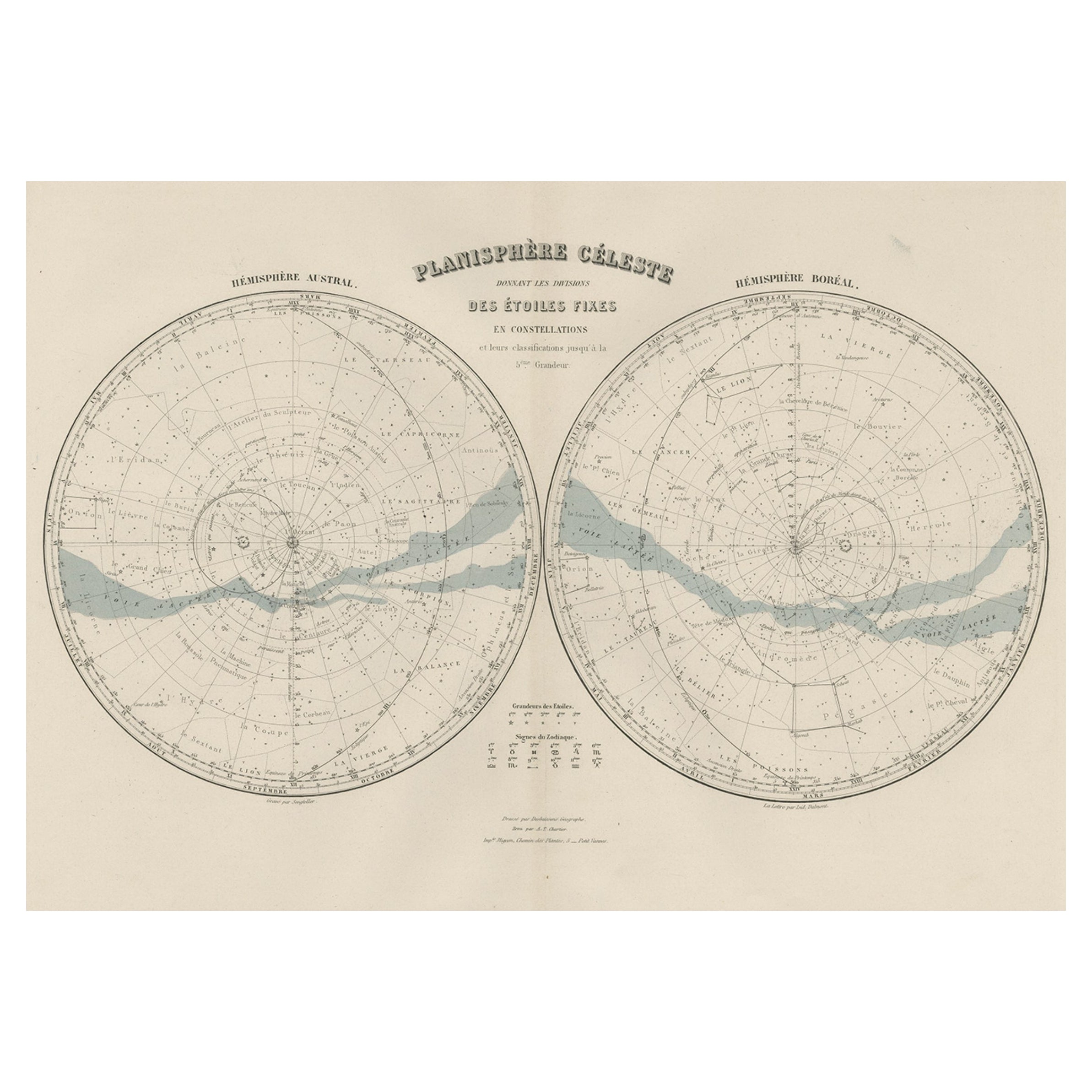 Carte ancienne des Skies nocturnes de l'hémisphère nord et sud, 1880