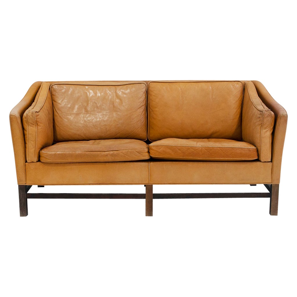 Danish Brown Leather Two Seat Sofa