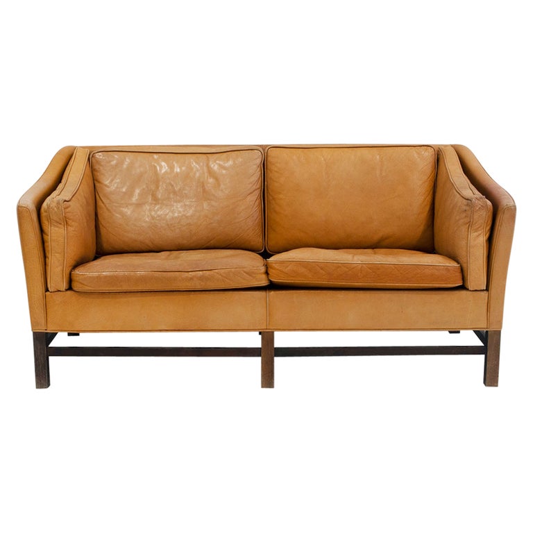 Danish Brown Leather Two Seat Sofa For, Mid Century Modern Camel Brown Leather Sofa Newport