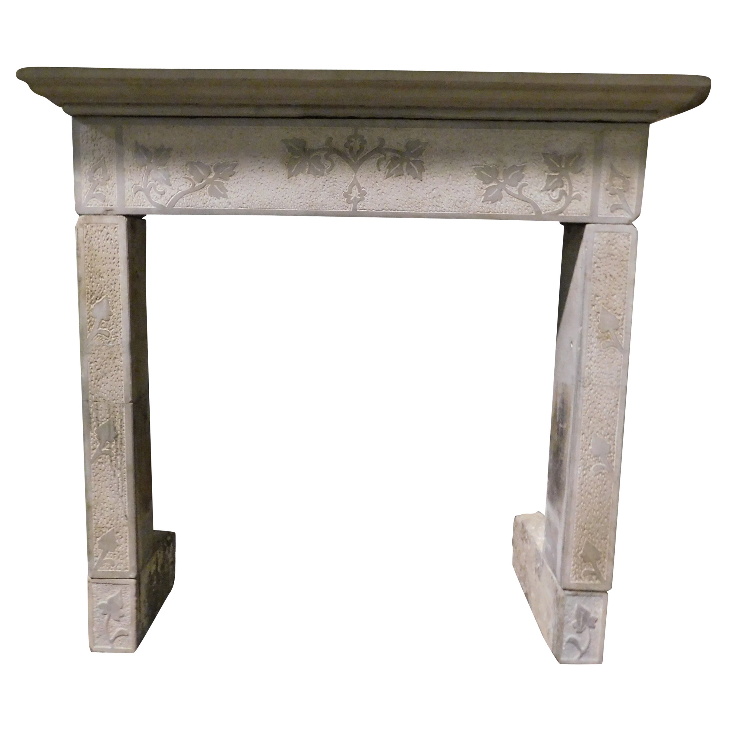 Antique Grey Stone Fireplace Mantle, Carved with Leaves, Late 18th Century Italy For Sale