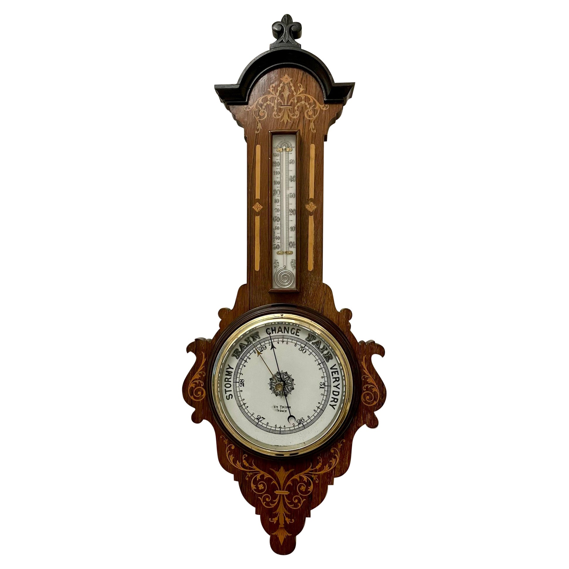 Antique Victorian Quality Rosewood Inlaid Banjo Barometer For Sale