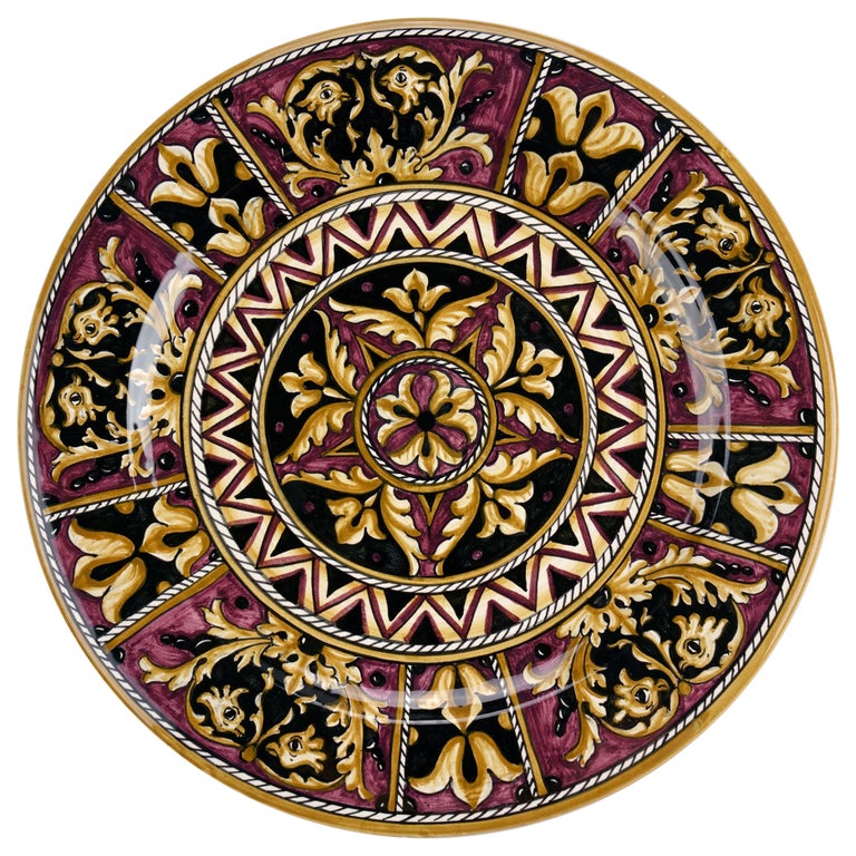 Dinner Plates Set Six Charger Platters Serveware Majolica Ceramic Purple Painted For Sale