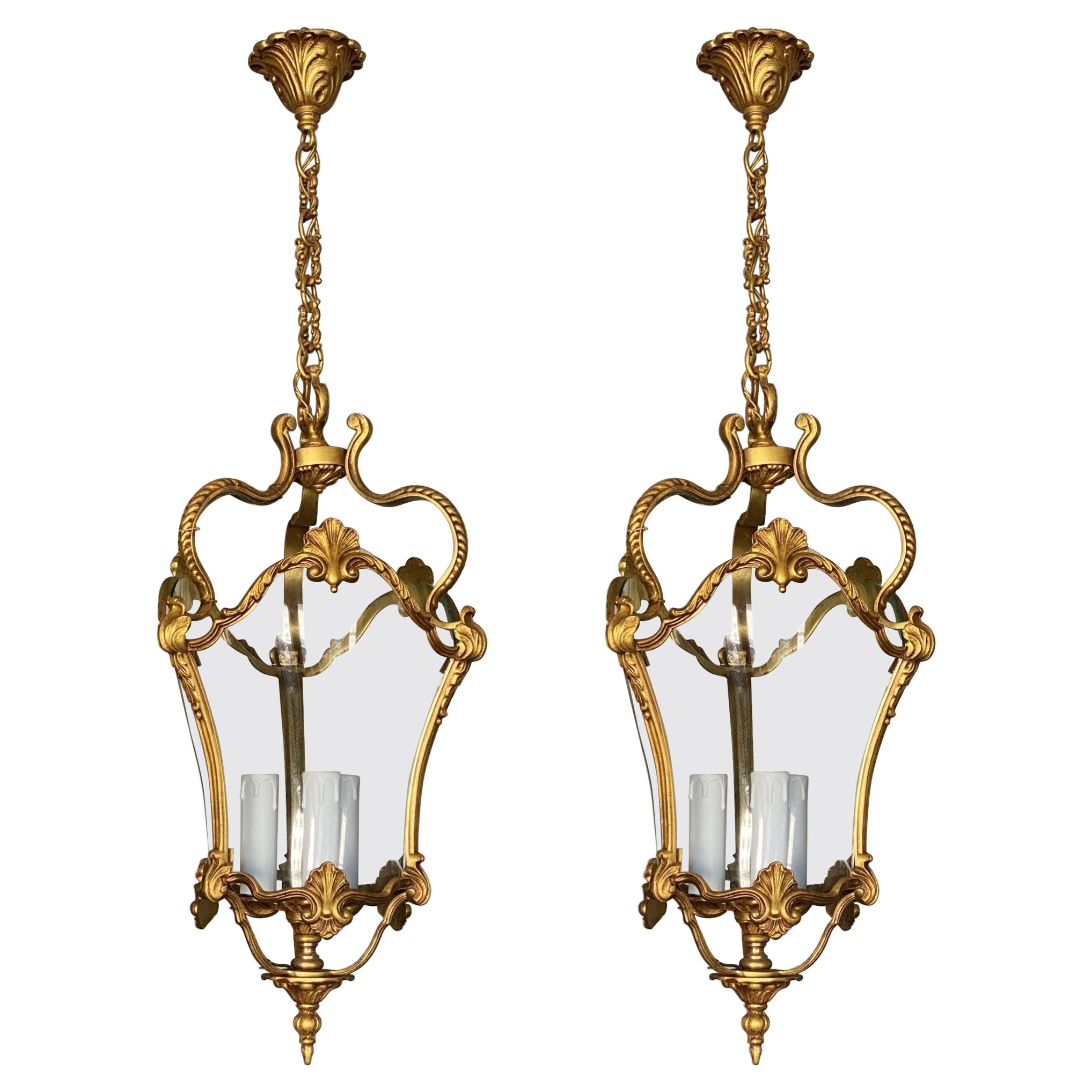 Pair of  French Art Deco Arched Crystal Gilt Bronze Three-Light Lanterns