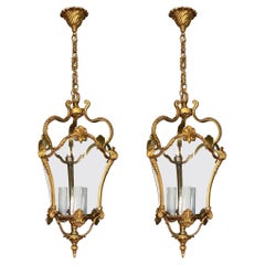 Pair of 19th Century French Bronze Dore Arched Crystal Three-Light Lanterns