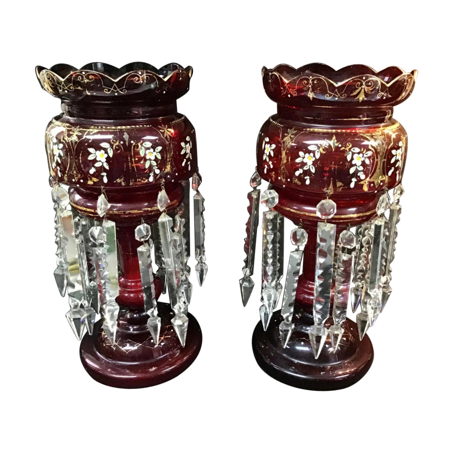 Antique Czech Bohemian Gold Cranberry Red Glass Crystal Lusters, a Pair