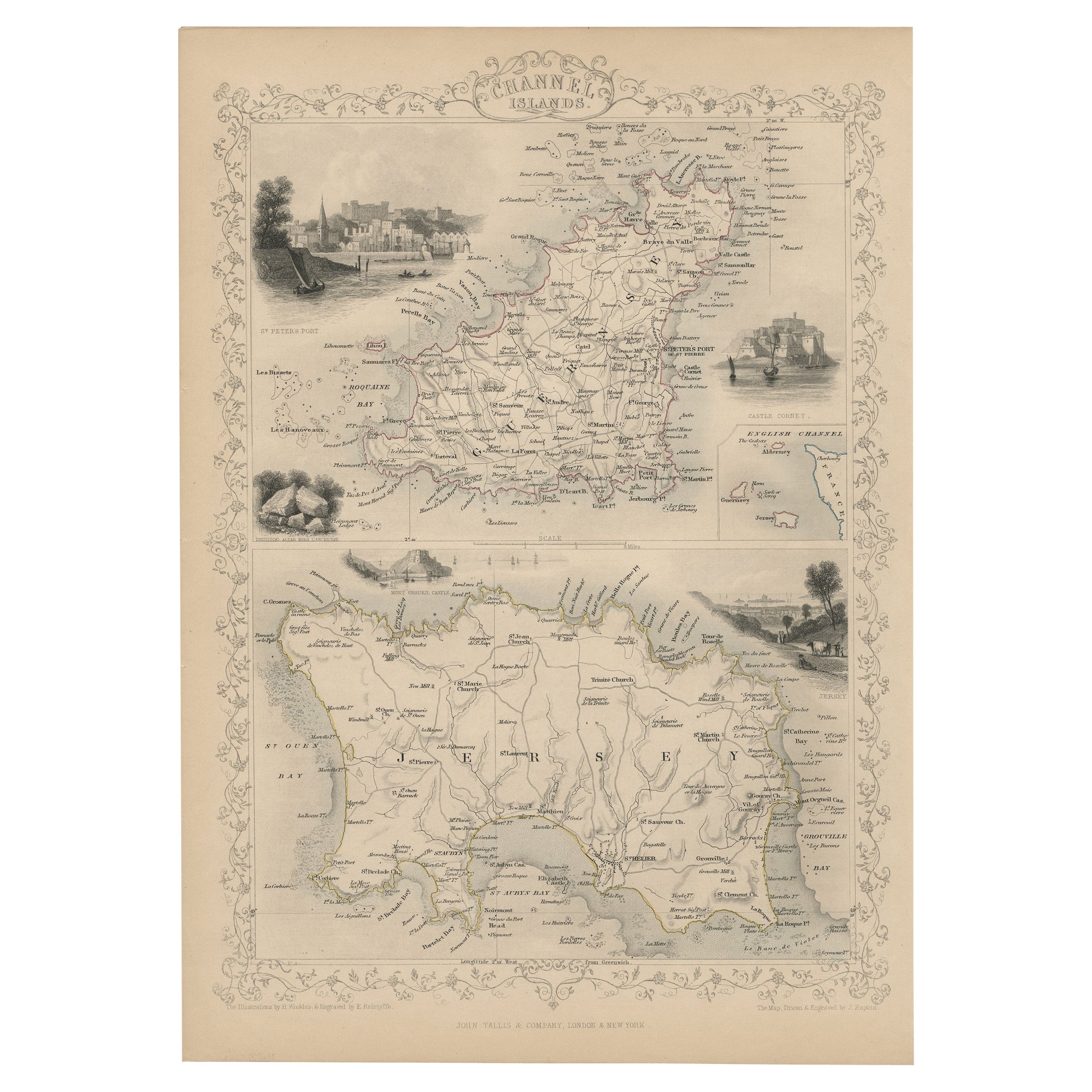 Carte ancienne originale des îles du Channel Islands, incluant des Vignettes décoratives, 1851