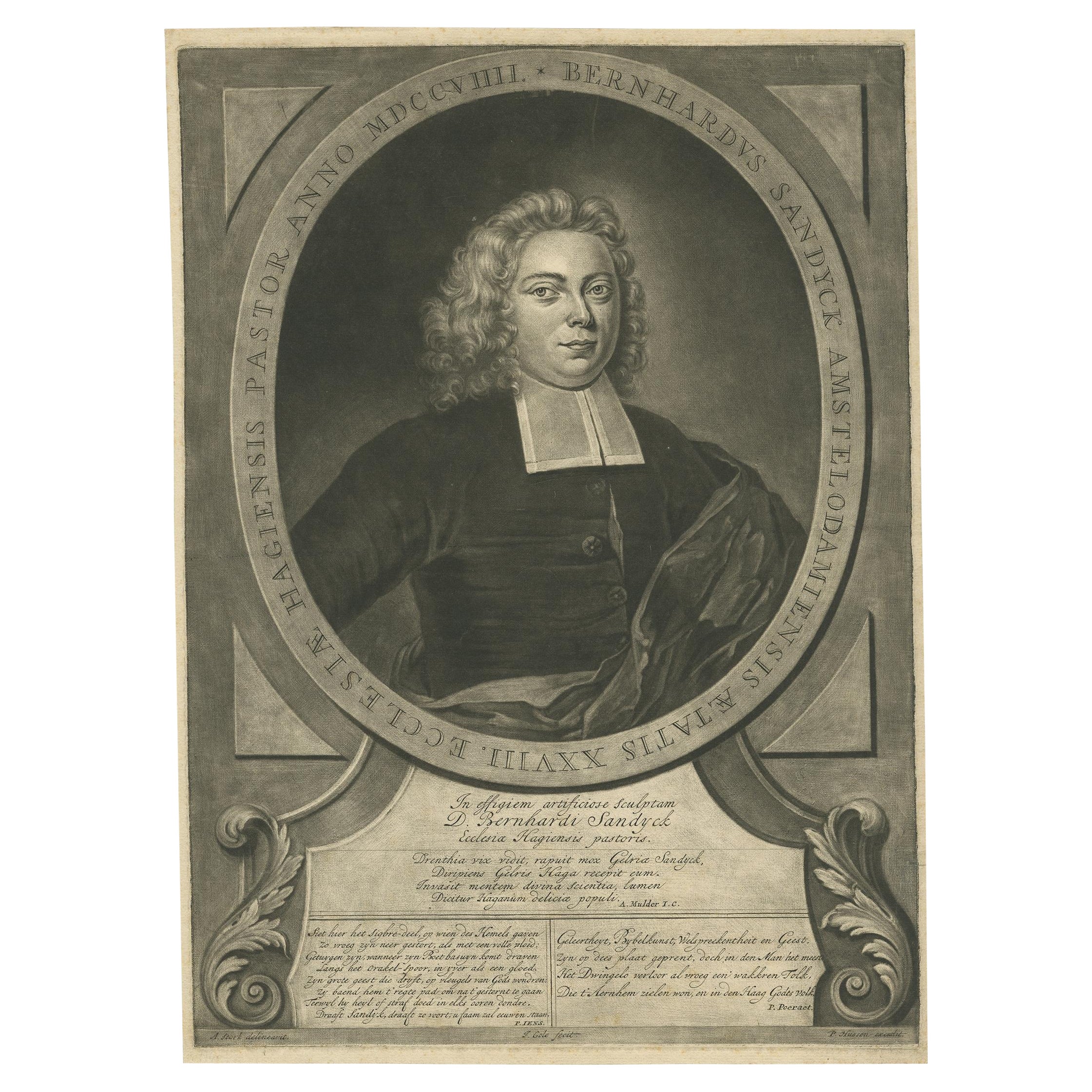 Portrait of Bernhard Sandyck, a Dutch Protestant Minister from Amsterdam, 1720 For Sale