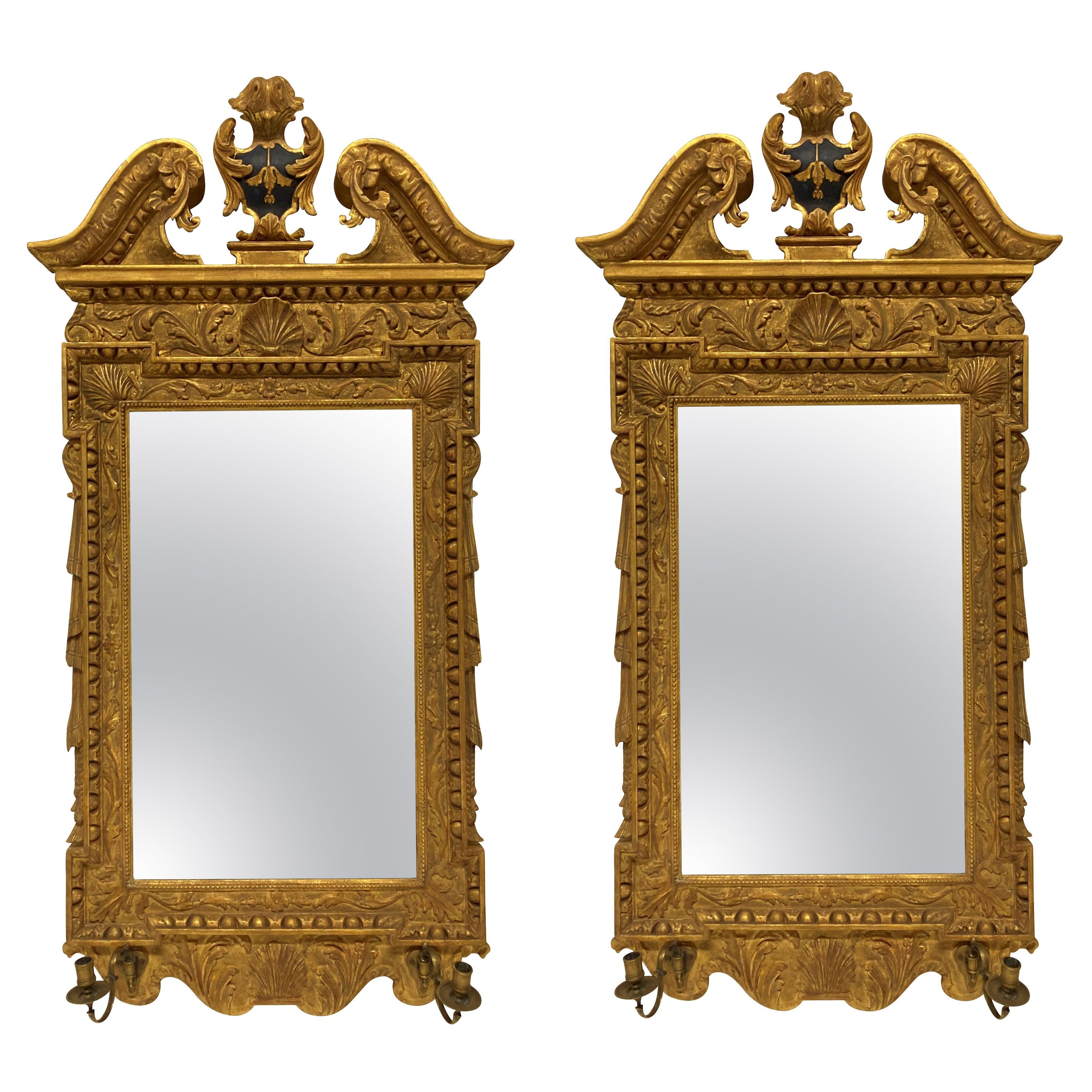 Pair of English Georgian Style Giltwood Mirrors With Girandole